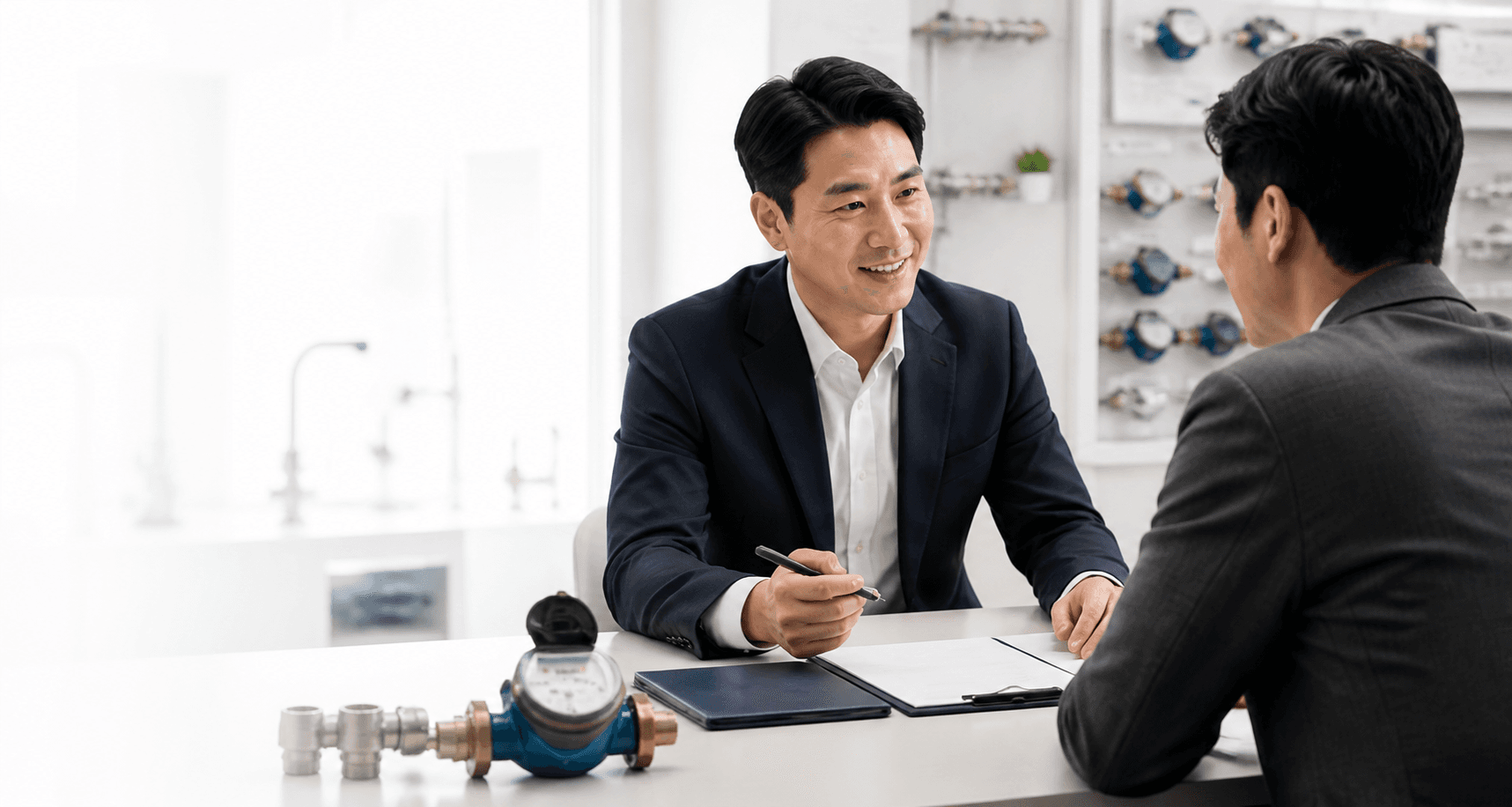 알파브릿지 담당자와 지역 파트너가 배관 관리 사업을 상담하는 모습