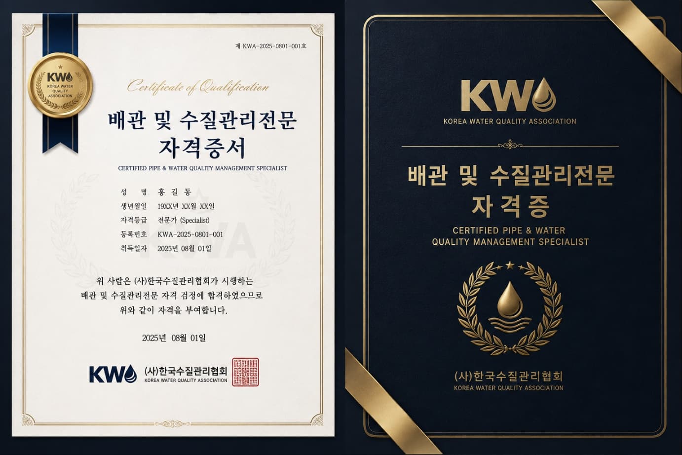 배관 및 수질관리전문 자격증과 자격증 표지